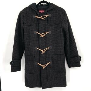 MERONA Wool Blend Toggle Coat Jacket Houndstooth Hooded Zip Up Duffel Men Brown